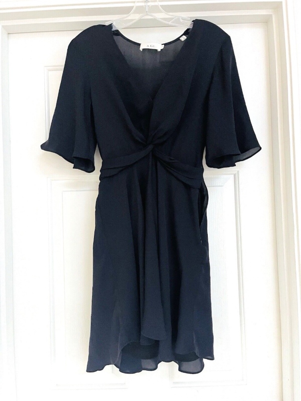 A.L.C. ALC  Designer Silk Dress Ava Navy Blue Twist-Front Flutter Sleeve Size 0